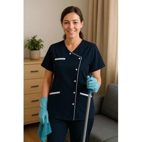 unique professionnelle femme – Marine & Blanc – Fermeture asymétrique – Label Blouse