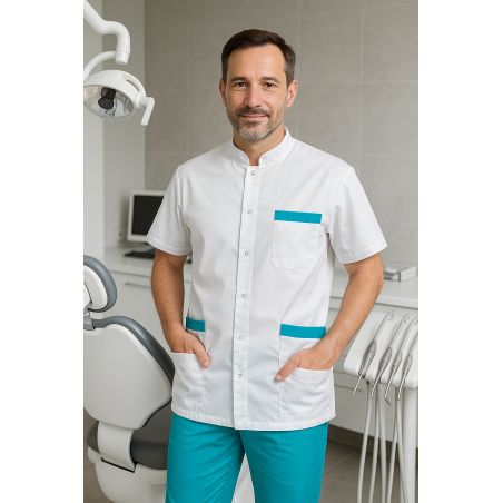 Blouse médicale homme – Blanc & Turquoise – Col officier, 3 poches
