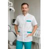 Blouse médicale homme – Blanc & Turquoise – Col officier, 3 poches