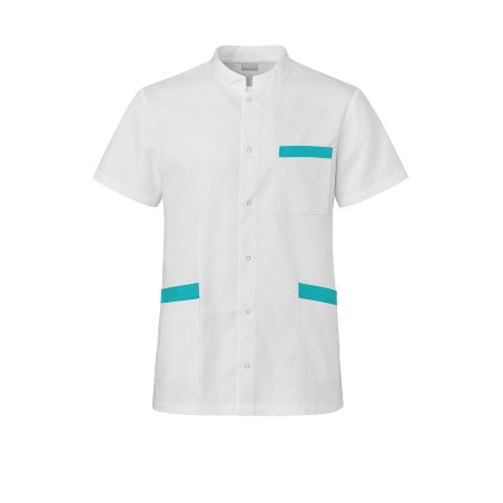 Blouse médicale homme – Blanc & Turquoise – Col officier, 3 poches