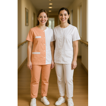 Tunique Femme Bicolore Pêche et Blanc – Col Rond, Boutons Pression, Poches – Tenue Soignante EHPAD / Médical
