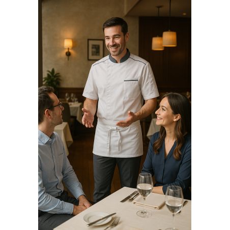 Veste de Cuisine Professionnelle Homme/Femme – Blanche & Gris – Respirante My’ Aération – Manches Courtes – Label Blouse