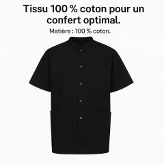 Tunique de travail homme noire 100 % coton col mao manches courtes, vue de face