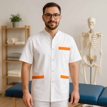 Blouse Médicale Homme Blanc Orange – Kinésithérapeute, Ergothérapeute, Infirmier