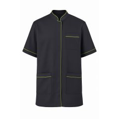 Tunique médicale homme marine avec passepoil vert lime– col montant, 3 poches, manches courtes