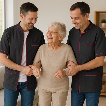 Blouse aide à domicile noire liseré fuchsia – Homme