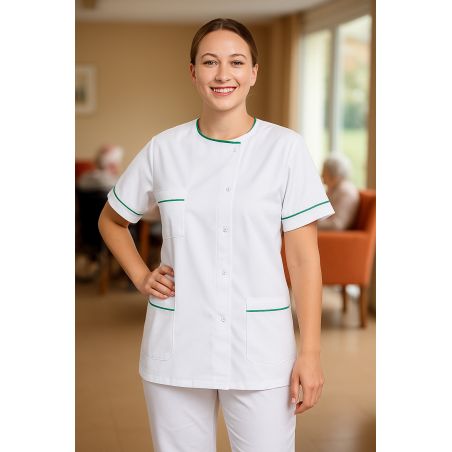 Tunique Médicale Blanche liseré Vert sur poches et manches
