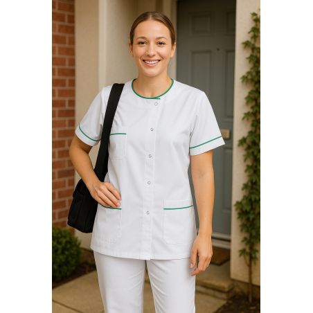 Tunique Médicale Blanche liseré Vert sur poches et manches