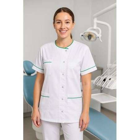 Tunique Médicale Blanche liseré Vert sur poches et manches