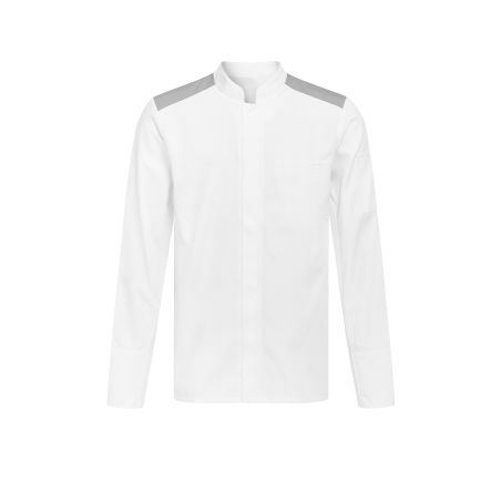 Veste de cuisine homme blanche avec épaules grises et aérations latérales