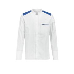 Veste de cuisine homme blanche – Épaules Bleu Roi – Respirante & fonctionnelle