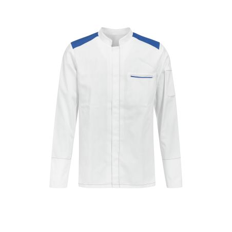 Veste de cuisine homme blanche – Épaules Bleu Roi – Respirante & fonctionnelle