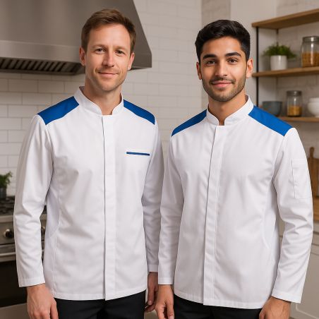 Veste de cuisine homme blanche – Épaules Bleu Roi – Respirante & fonctionnelle