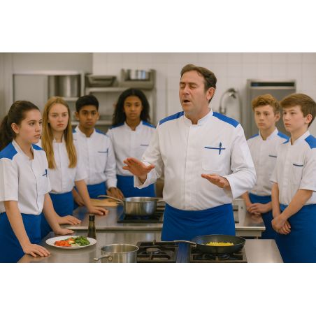 Veste de cuisine homme blanche – Épaules Bleu Roi – Respirante & fonctionnelle