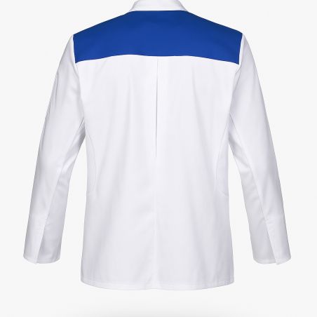 Veste de cuisine homme blanche – Épaules Bleu Roi – Respirante & fonctionnelle