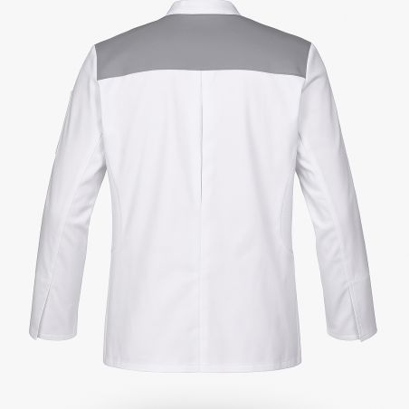 Veste de cuisine homme blanche avec épaules grises et aérations latérales