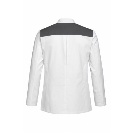 Veste de cuisine homme blanche – Épaules Gris Foncé – Respirante & professionnelle