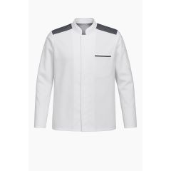 Veste de cuisine homme blanche – Épaules Gris Foncé – Respirante & professionnelle