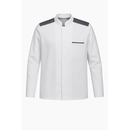 Veste de cuisine homme blanche – Épaules Gris Foncé – Respirante & professionnelle