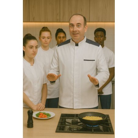 Veste de cuisine homme blanche – Épaules Gris Foncé – Respirante & professionnelle