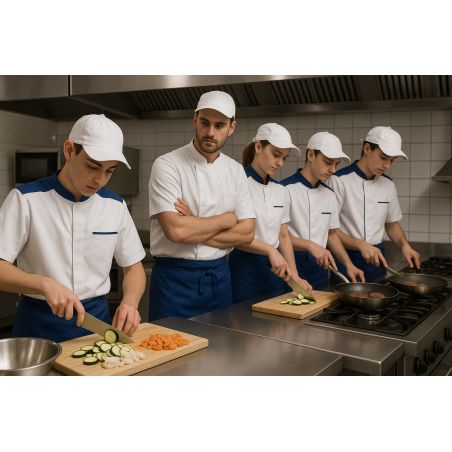 Veste de cuisine mixte blanche et bleue – Manches courtes – Fermeture centrale – Poche poitrine & poches stylo