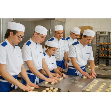 Veste de cuisine mixte blanche et bleue – Manches courtes – Fermeture centrale – Poche poitrine & poches stylo