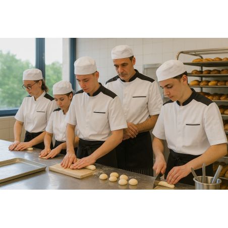 Veste de cuisine mixte blanche et noire – Manches courtes – Fermeture centrale – Poche poitrine & poches stylo