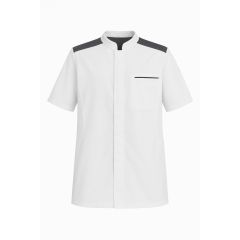 Veste de cuisine & de boulanger mixte blanche et gris anthracite – Manches courtes – Poche poitrine & poches stylo