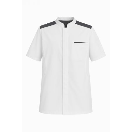 Veste de cuisine & de boulanger mixte blanche et gris anthracite – Manches courtes – Poche poitrine & poches stylo