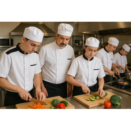 Veste de cuisine & de boulanger mixte blanche et gris anthracite – Manches courtes – Poche poitrine & poches stylo