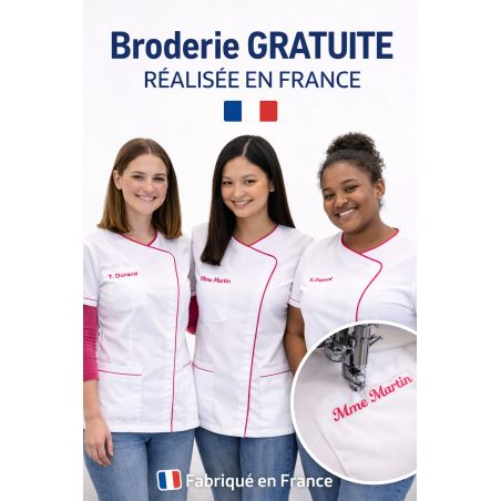 Blouse médicale blanche infroissable ISA011TA avec élasthanne – liseré fuchsia