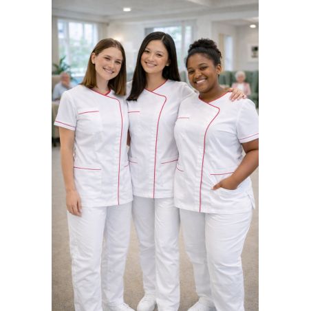Blouse médicale blanche infroissable ISA011TA avec élasthanne – liseré fuchsia