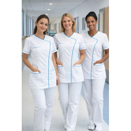 Blouse médicale blanche infroissable ISA011TA avec élasthanne – liseré bleu