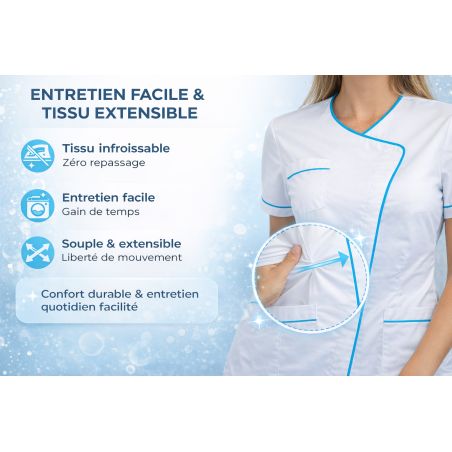 Blouse médicale blanche infroissable ISA011TA avec élasthanne – liseré bleu