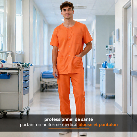 Ensemble médical femme orange abricot – tunique col rond et pantalon – vue 2
