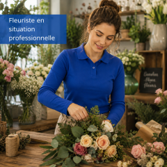 Fleuriste portant un polo femme manches longues bleu royal
