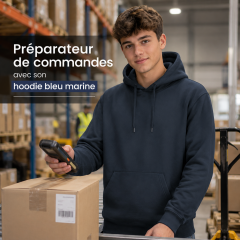 Préparateur de commandes en entrepôt portant un sweat à capuche bleu marine