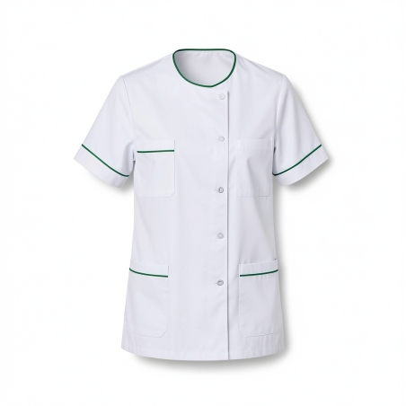 Blouse médicale femme blanche liseré vert – aide-soignante, infirmière, aide à domicile — photo packshot produit sur fond blanc
