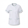 Blouse médicale femme blanche liseré vert – aide-soignante, infirmière, aide à domicile — photo packshot produit sur fond blanc
