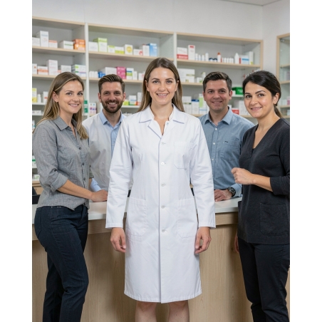 Blouse blanche manchesongues col officier — mise en situation : Pharmacie, Équipe