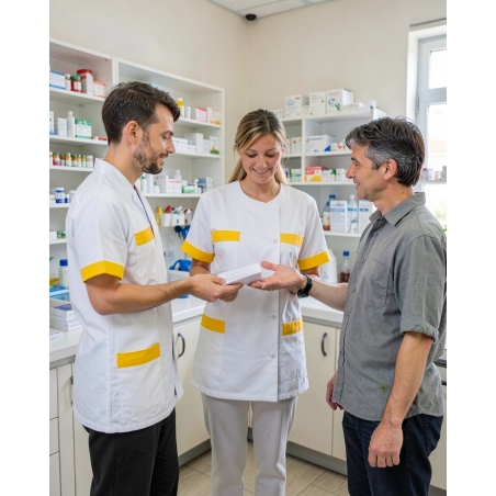 Tunique medicale manches courtes parement Jaunes modele Julia — mise en situation : Pharmacie, Enseignement / formation