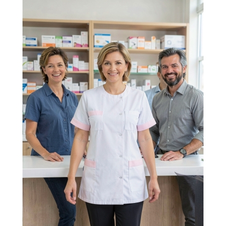 Blouse medicale Julia parement rose — mise en situation : Pharmacie, Équipe