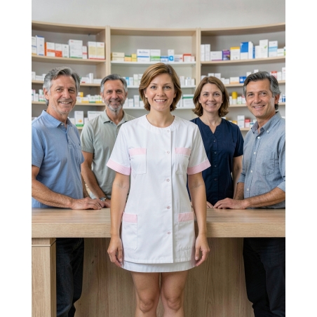 Tenue infirmiere Finition rose modele Julia — mise en situation : Pharmacie, Équipe