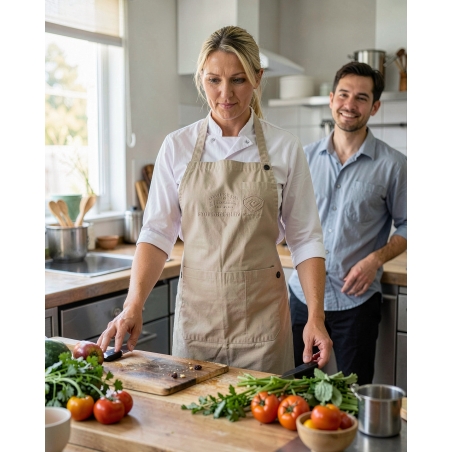 Tablier de cuisine - Broderie texte — mise en situation : Cuisine / restauration, Action métier