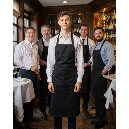 Tablier de service Noir à Broder avec Bavette et poches — mise en situation : Service en salle / bar, Équipe de salle