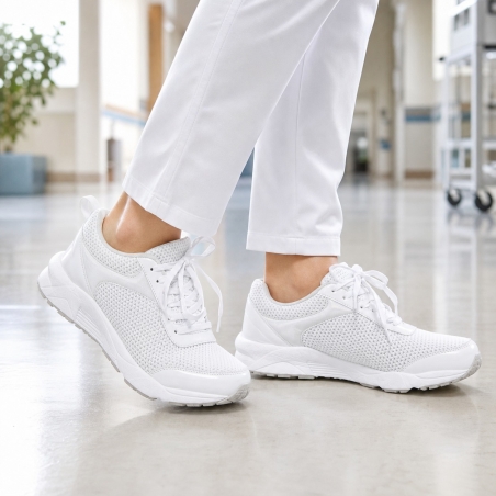 Baskets d'hôpital blanches à lacets portées par une soignante