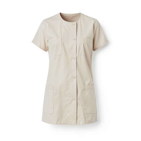 Tunique de travail Beige col rond manches courtes — photo packshot produit sur fond blanc