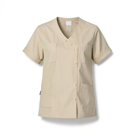 Blouse estheticienne Beige manches courtes — photo packshot produit sur fond blanc