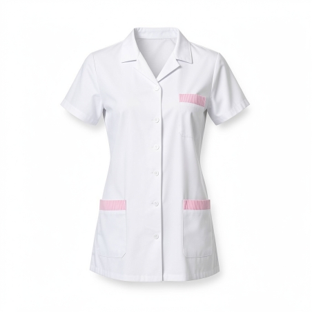 Blouse pour tenue infirmire Marie parement rose — photo packshot produit sur fond blanc