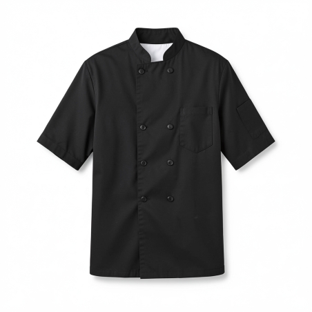 Veste de cuisine Noire manches courtes double pressions noire — photo packshot produit sur fond blanc